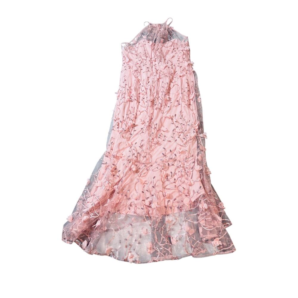 NWT Dessy SHEER HALTER NECK 3D FLORAL EMBROIDERED DRESS HIGH-LOW HEM Pink SZ 12 - Picture 5 of 12